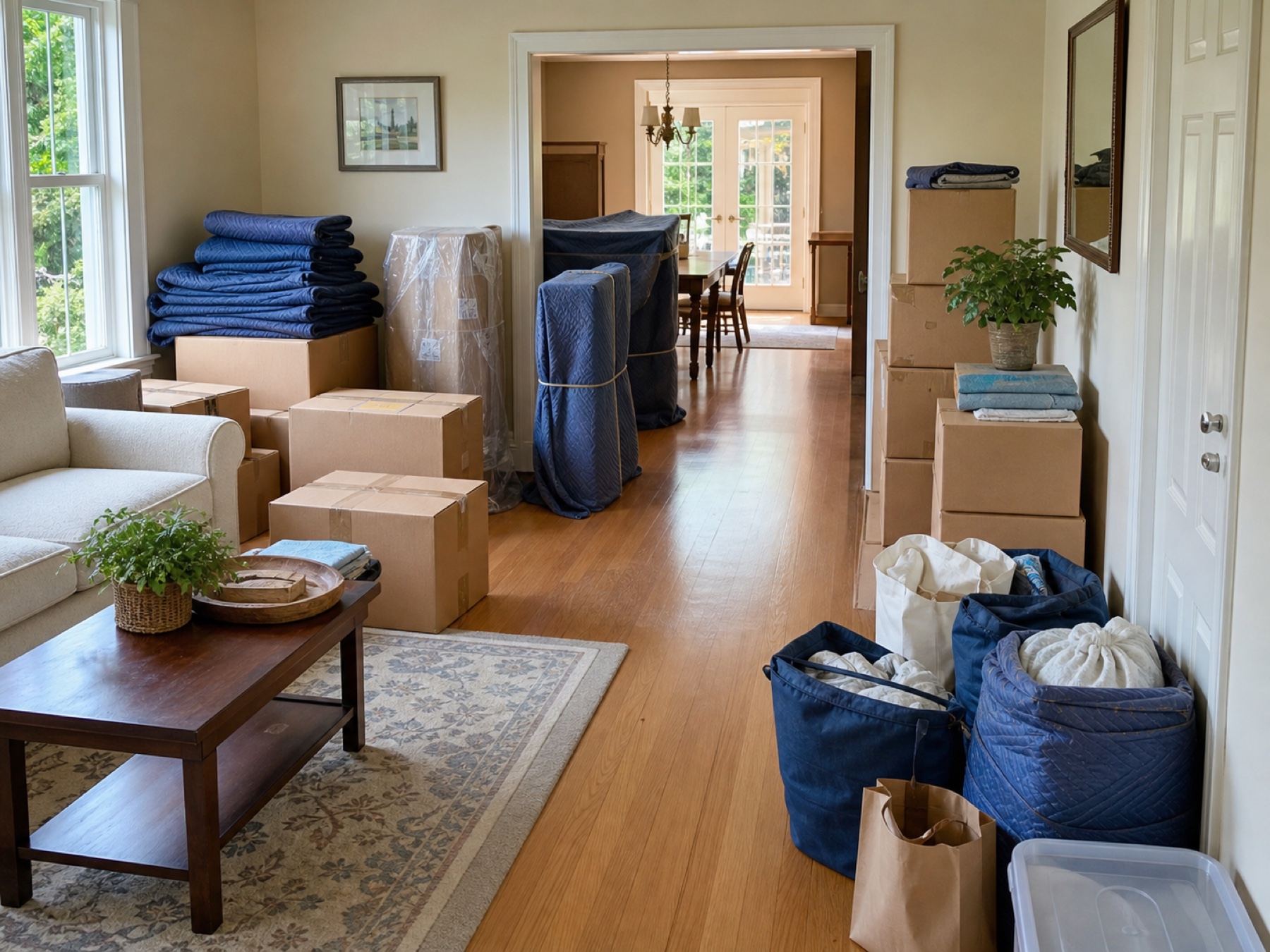 Sorted moving boxes and household items staged for an estate clean-out