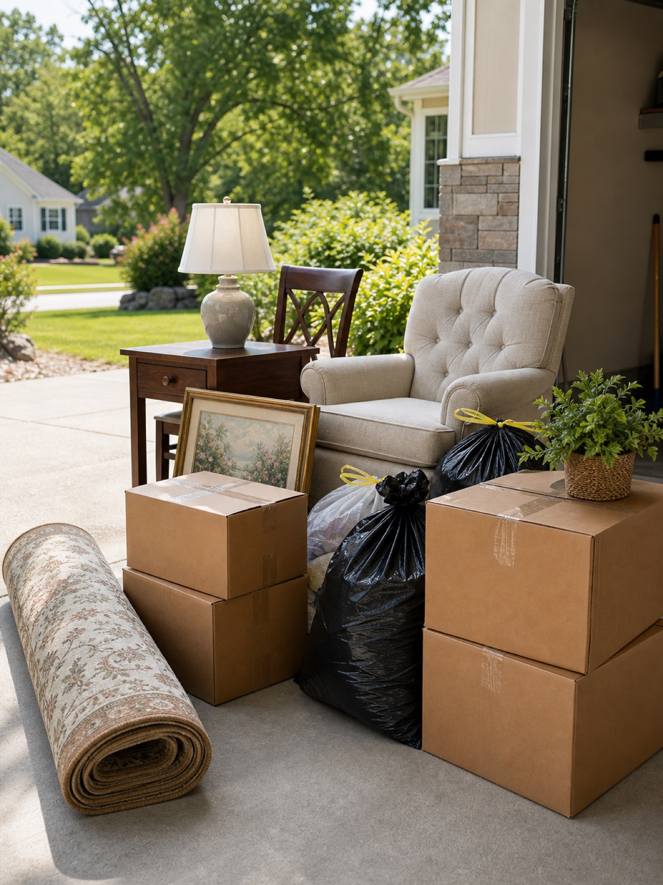 Donation boxes and removal-ready household items staged neatly near a driveway