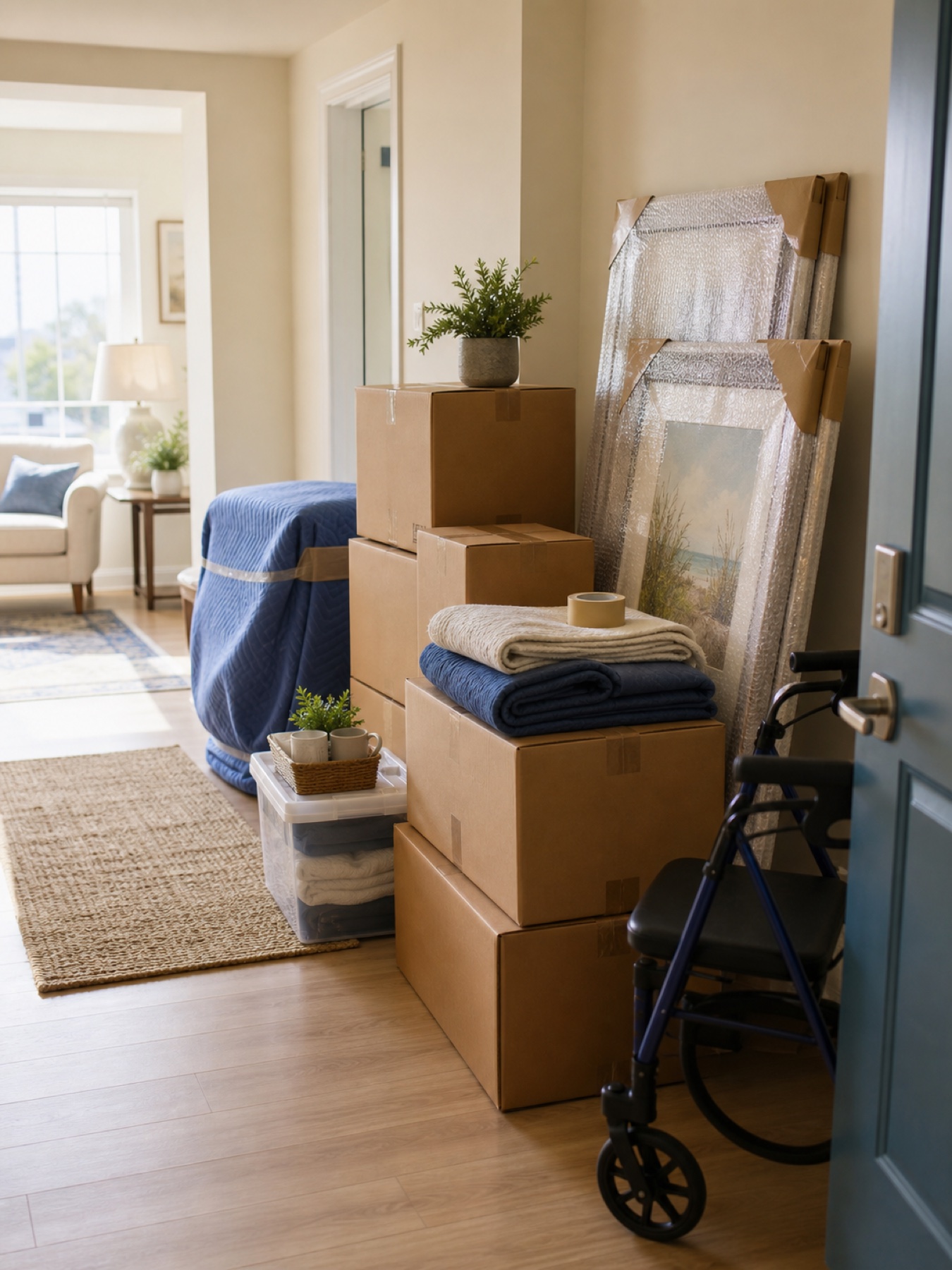 Organized senior move-in essentials staged in a bright apartment