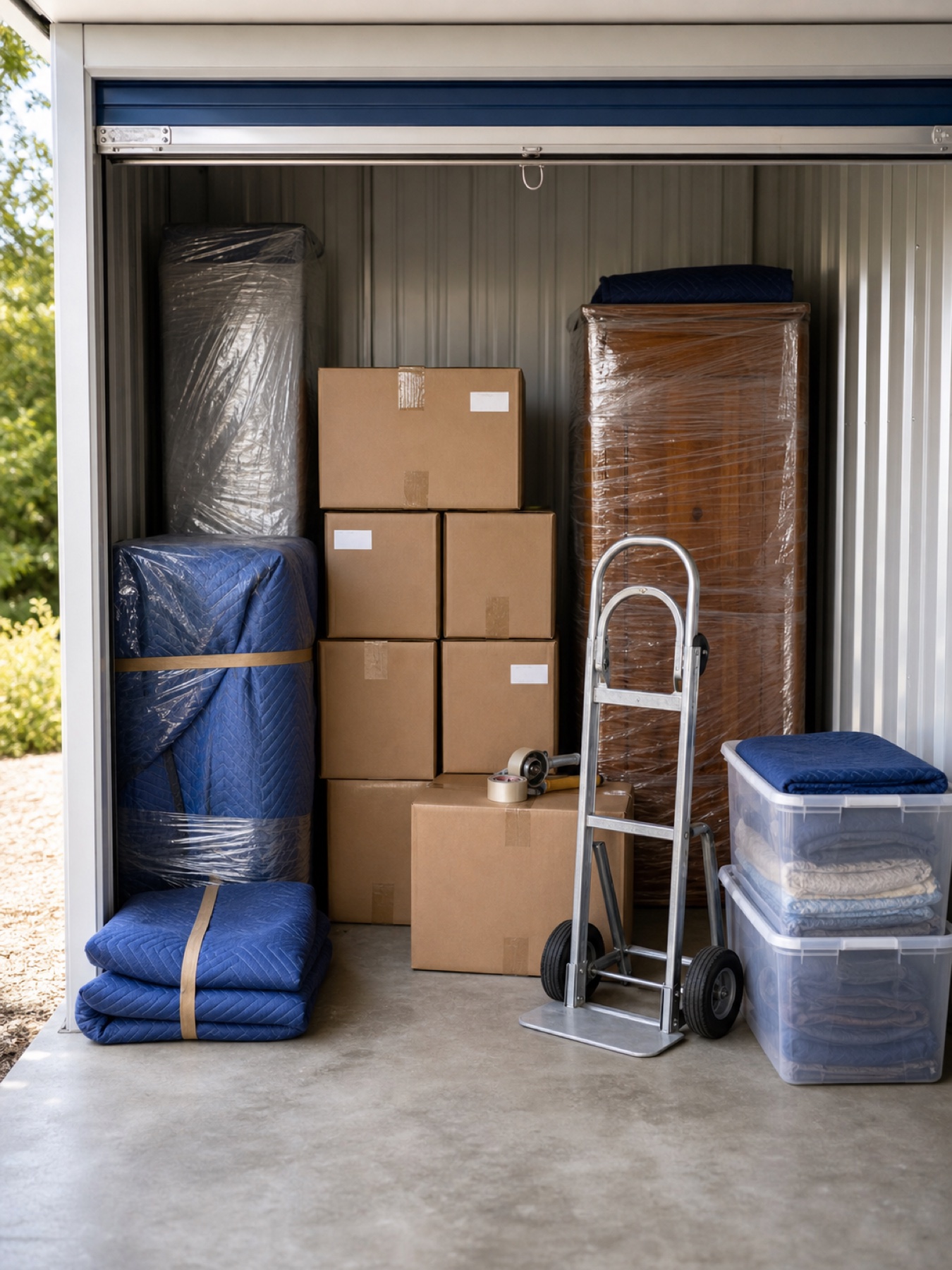 Wrapped furniture and labeled moving boxes organized for short-term storage